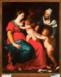 Den hellige familie med sommerfuglen og med den hellige Elisabeth og døperen Johannes Maleri av Pellegro Piola (1617-1640)