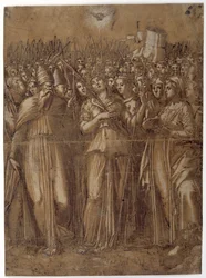 St Ursula med de martyrdøde jomfruene (penn og brunt blekk forsterket med hvit kroppsfarge på papir vasket brunt)