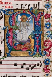 Piccolomini bibliotek: korbok, torsk. 101,7, ff. 14r med "Resurrection of Christ", av Pellegrino di Mariano. Detalj.