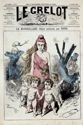 Et nummer av «Klokken», som fremstiller en allegori over nasjonalsangen «Marseillaisen» som rykker frem mens de flyktende adelige holder seg for ørene. Illustrasjon av Pepin. 10/02/1878. Privatsamling