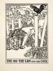 The Ass, the Lion and the Cock, fra A Hundred Fables of Aesop, pub.1903