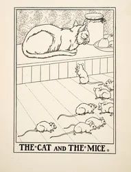 The Cat and the Mice, fra A Hundred Fables of Aesop, pub.1903 (gravering)
