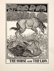 Hesten og løven, fra Hundre fabler av Æsop, utgitt 1903