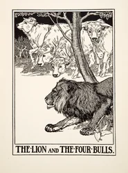 The Lion and the Four Bulls, fra A Hundred Fables of Aesop, pub.1903 (gravering)