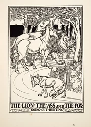 The Lion, the Ass and the Fox går ut på jakt, fra A Hundred Fables of Aesop, pub.1903 (gravering)