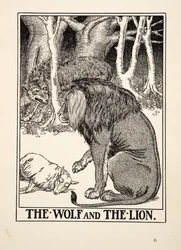 The Wolf and the Lion, fra A Hundred Fables of Aesop, pub.1903 (gravering)