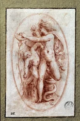 Apollo og Hyacinth. Tegning a la sanguine av Pietro Buonaccorsi (1500-1546 / 47) også kjent som Pierino del Vaga