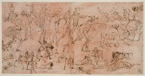 Studier av krigere, ryttere og løver (recto); Studier av hoder og nakenfigurer, takplan og inskripsjoner (verso)