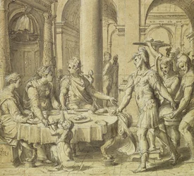The Banquet of Dido and Aeneas, modell for et billedvev i Story of Aeneas-serien, ca. 1532 (penn og blekk og vask på papir)