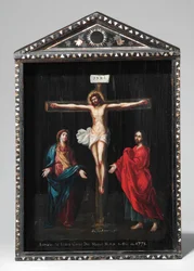 En Christian Lacquer Shrine (Seigan), maleri fra 1700-tallet (olje på panel med perlemor, gull og sølv)