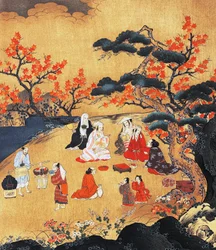 Kvinner ser på lønnetrær i Takao, skjerm, Azuchi-Momoyama-perioden (1568-1600), Japan 1500-tallet, detalj