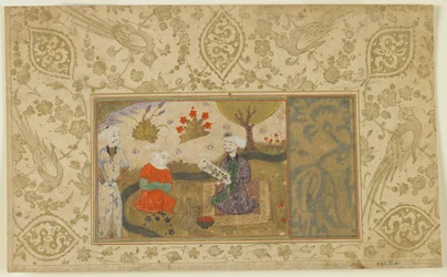Et par samtaler ved en bekk, ca. 1500 (ugjennomsiktig akvarell, blekk og gull på papir)