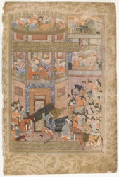 Ali løfter portene til Qamus, fra en Rawzat al-safa, 1571-72