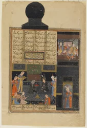 Bahram Gur og prinsessen i den svarte paviljongen fra en Khamsa (Kvintett) av Nizami, ca. 1550