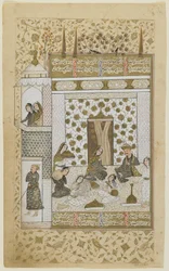 Bahram Gur og prinsessen i den hvite paviljongen, fra en Khamsa, ca. 1600-10