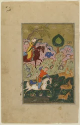 Bahram Gur jakter med Azada, fra en Khamsa, ca. 1580