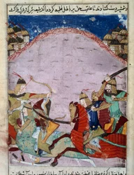 Kamp mellom mongolere og georgiere. Georgianerne flykter. Persisk miniatyr rundt 1430. Paris, B.N.