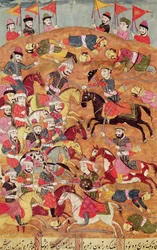 Kamp mellom perserne og turanerne, illustrasjon fra #39;Shahnama#39; (Kongenes bok), av Abu#39;l-Qasim Manur Firdawsi (ca. 934-ca. 1020) (penn og blekk på vellum)