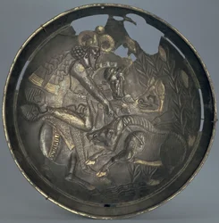 Fat dekorert med en scene av prins Varahran på jakt, Sassanid-dynastiet (226-651) (sølv med forgylling)
