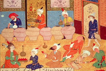 Fol.33v, Detalj av en bankett med musikere, fra en diktbok av Hafiz Shirazi (ca. 1325-c. 1388) 1554