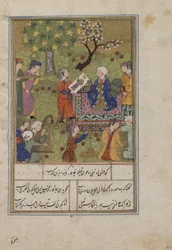 Folio fra en Khamsa (kvintett) av Nizami; Shirin undersøker Khusraws Portrait, Iran, ca. 1500 (ugjennomsiktig akvarell, blekk, fargeglimmer og gull på papir)