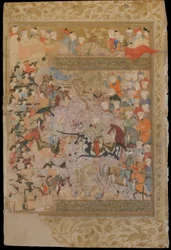 Folio fra en Rawzat al-safa (Garden of felicity) av Mirkhwand (d. 1498); recto: Kampen mot bysantinerne for Aleppo, Shiraz, Iran, Safavid-perioden, 1571-72 (ugjennomsiktig akvarell, blekk og gull på