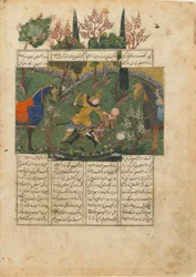 Folio fra en Shahnama (Kongenes bok) av Firdawsi (d.1020); verso: Suhrab in Combat with Rustam, Iran, ca. 1440 (ugjennomsiktig akvarell, blekk og gull på papir)