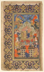 Folio fra en Shahnama (Kongenes bok) av Firdawsi; recto: Bilqis Enthroned; verso: forordstekst, Shiraz, Fars, Iran, Safavid-perioden, ca. 1590-1600 (ugjennomsiktig akvarell, blekk og gull på papir)