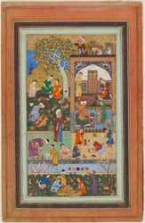 Folio fra et album; A School Scene, Tabriz, Iran, Safavid-perioden, ca. 1540 (ugjennomsiktig akvarell, blekk og gull på papir)