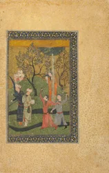 Folio fra en uidentifisert tekst; En prins og prinsesse omgitt av hoffmenn i en hage, Iran, turkomansk periode, ca. 1480 (ugjennomsiktig akvarell, blekk og gull på papir)