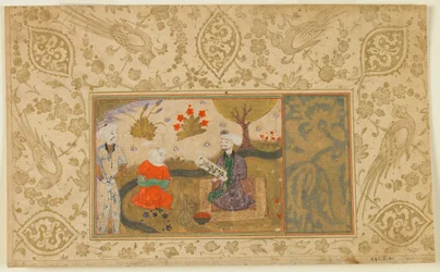 Folio fra en uidentifisert tekst; En kvinne snakker med en sittende mann ved en bekk, Iran, ca. 1500 (ugjennomsiktig akvarell, blekk og gull på papir)