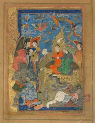 Folio fra en uidentifisert tekst; Sulayman og Bilqis Enthroned, Isfahan, Iran, Safavid-perioden, ca. 1590-1600 (ugjennomsiktig akvarell, blekk og gull på papir)