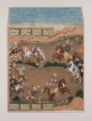 Kay-Khusrau skyter Qara Khan, fra Shahnama (gouache på papir, gullpynt)