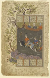 Kay Khusraw, Farangis og Giv krysser Jayhun-elven fra en Shahnama (Kongenes bok), ca. 1590–1600 (blekk, ugjennomsiktig akvarell og gull på papir)