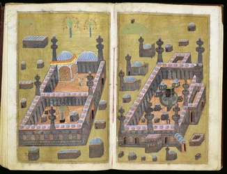 MS.343.f15v-16r Moskeen i Medina og Mekka, fra `Reasons for Charity, av Mustafa Al-Shukri, 1160