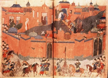 Ms.Sup.Pers.1113.f.180v-181 Mongoler under ledelse av Hulagu Khan stormet og inntok Bagdad i 1258, fra en bok av Rashid al-Din (1247-1318) (vellum)