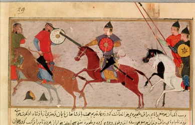 Ms Pers.113 f.29 Genghis Khan (ca. 1162-1227) Fighting the Tartars, fra en bok av Rashid-al-Din (1247-1318) (gouache)