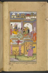 Or.12076 f.13v Bhima ankommer Dvaraka-slottet for å invitere Krishna til ‘asvamedha’. Krishna som er sammen med sin kone Satyabhama later som han ikke hører. (Bhawani) fra 