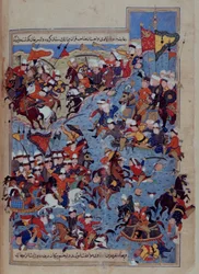 Eller 5736 fol.122v Slaget mellom Timur (1336-1405) og Tuqtamish Khan i 1395, fra 