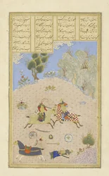 Persisk 239 fol.206b Gustaham, etter å ha drept Farsh?dvard, sender Lahh?k, illustrasjon fra Shahnama (Kongenes bok), av Abul-Qasim Mansur Firdawsi (ca.934-c.1020), 1444