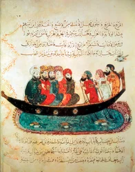 Persisk båt, fraktet reisende og drevet av roere, på Eufrat-elven, ca. 1240 (gouache på vellum)