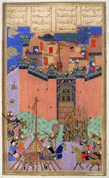Rustam Directing The Siege of Gang Bihisht, illustrasjon fra Shahnama (Kongenes bok), av Abul-Qasim Manur Firdawsi (ca.934-c.1020) ca.1440-45 (penn, blekk og wc på vellum)
