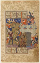 Rustam og hans menn angriper festningen Gang Dizh fra en Shahnama
