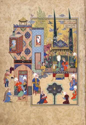 Solomon og Bilqis sitter sammen og snakker ærlig, folio fra en Haft awrang (Seven thrones) av Jami (d.1492) sannsynligvis Mashad, Khurasan, Iran, Safavid-dynastiet, 1556-1565 (blekk, ugjennomsiktig akvarell og