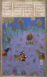 Suhrab drept av hans far Rustam, illustrasjon fra Shahnama (Kongenes bok), av Abul-Qasim Manur Firdawsi (ca.934-c.1020) ca.1440-45 (penn, blekk og wc på vellum)