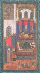 Tahmina Comes into Rustams Chamber, illustrasjon fra Shahnama (Kongenes bok), av Abul-Qasim Manur Firdawsi (ca.934-c.1020), fra Herat, Afghanistan, ca.1410 (ugjennomsiktig wc og gull på papir)