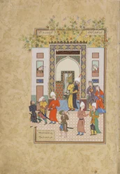 Spedbarnsvitnet vitner om Yusufs uskyld, folio fra en Haft awrang (Syv troner) av Jami (d.1492) sannsynligvis Mashad, Khurasan, Iran, Safavid-dynastiet, 1556-1565 (blekk, ugjennomsiktig akvarell og gol)