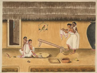 Kvinner som skreller paddy med en dhenki, ca. 1840 (akvarell på papir)