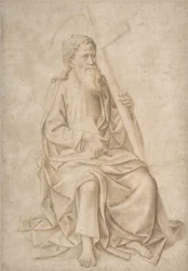 Saint Philip sittende, holder en bok og et kors, 1422-57.
