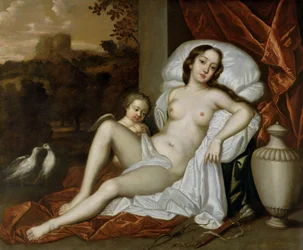 Portrett av Nell Gwynne (1650-87) som Venus, med sønnen, Charles Beauclerk (1670-1726), som Cupid (olje på lerret)